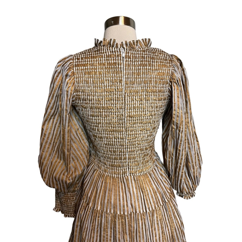 OLIPHANT Dress S Smocked High Neck Mini Gold Striped Block Print Balloon Sleeve - Picture 5 of 8